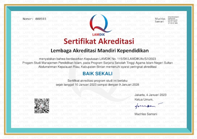 Selamat atas diraihnya Nilai Akreditasi BAIK SEKALI bagi Program Studi MANAJEMEN PENDIDIKAN ISLAM pada STAIN Sultan Abdurrahman Kepulauan Riau